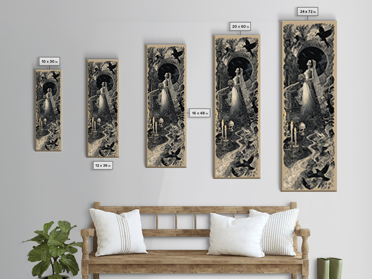 The Skeletal Bride, Architectural Etching Art, Tall Narrow Wall Art, Dark Halloween Decor, Framed Canvas Print