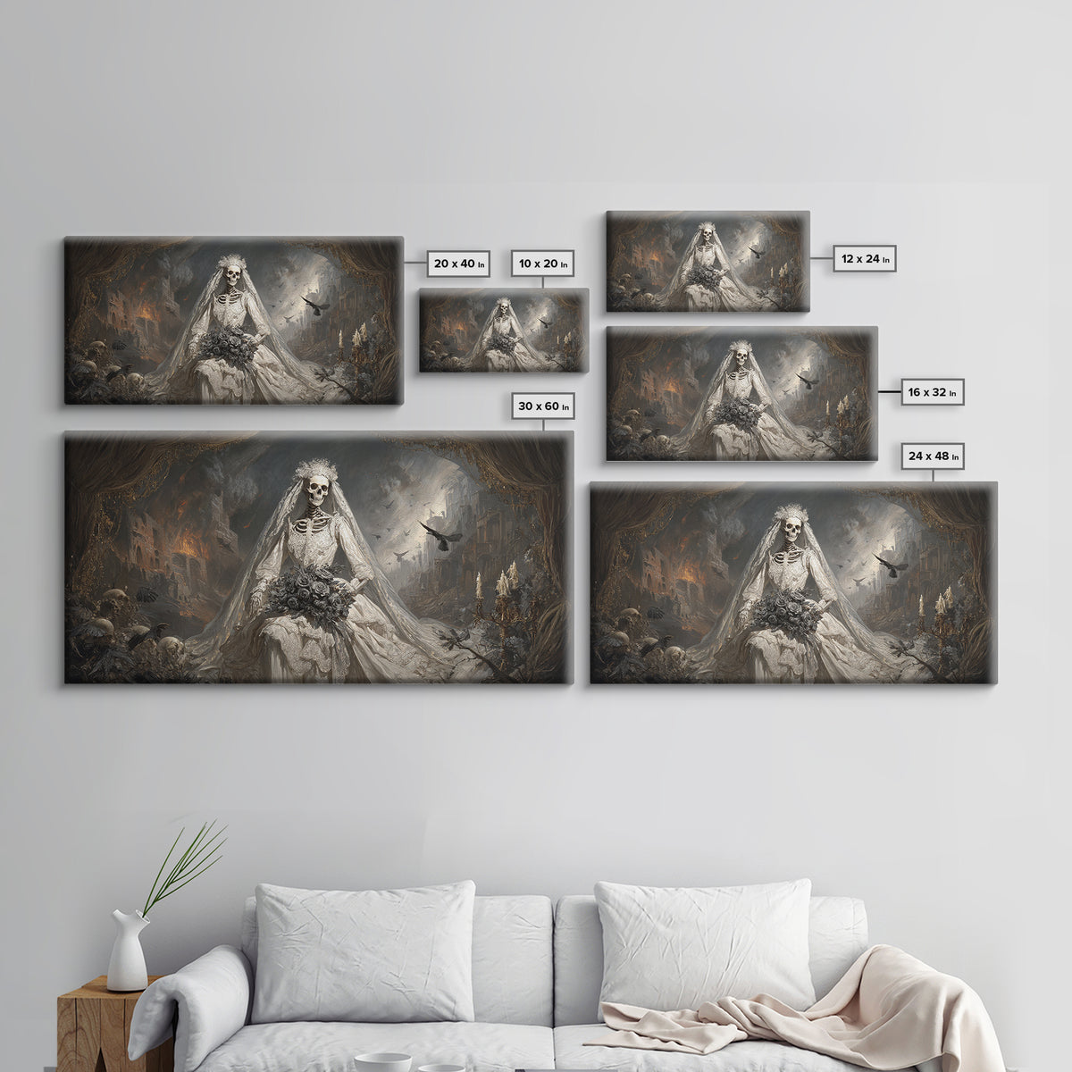 The Skeletal Bride, Apocalyptic Romantic Art, Wide Panoramic Art, Gothic Horror Wall Art, Canvas Print, Halloween Wall Art