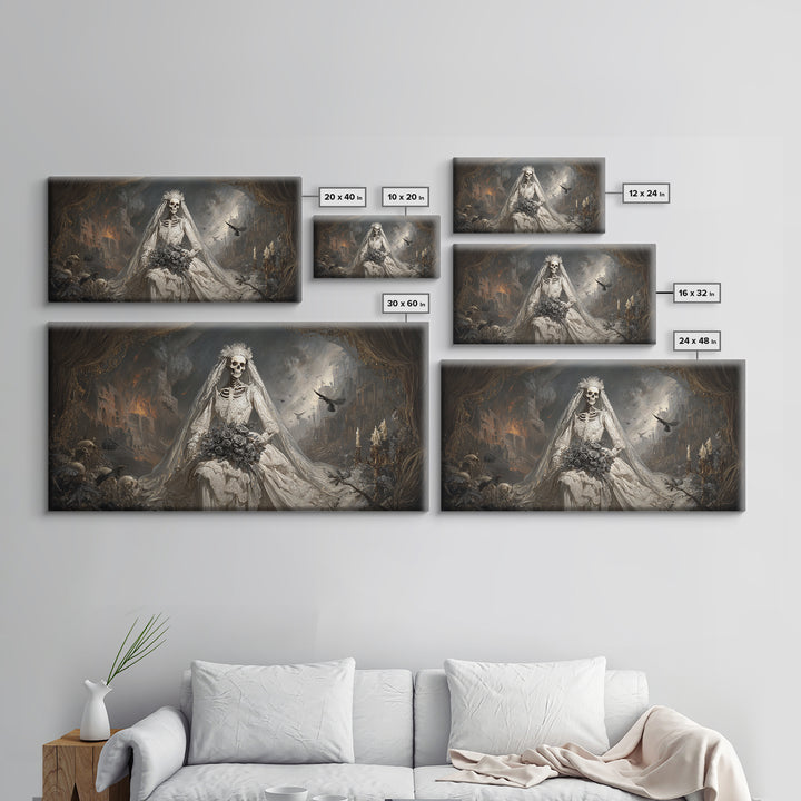 The Skeletal Bride, Apocalyptic Romantic Art, Wide Panoramic Art, Gothic Horror Wall Art, Canvas Print, Halloween Wall Art