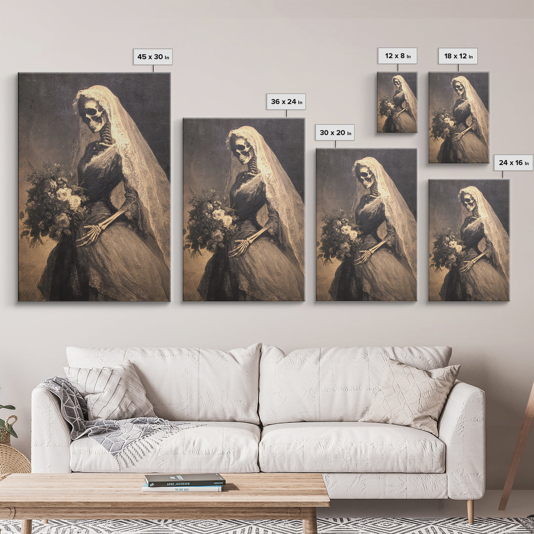 The Skeletal Bride, Symbolist Dream Art, Vertical Wall Art, Gothic Horror Wall Art, Framed Canvas Print, Halloween Wall Art