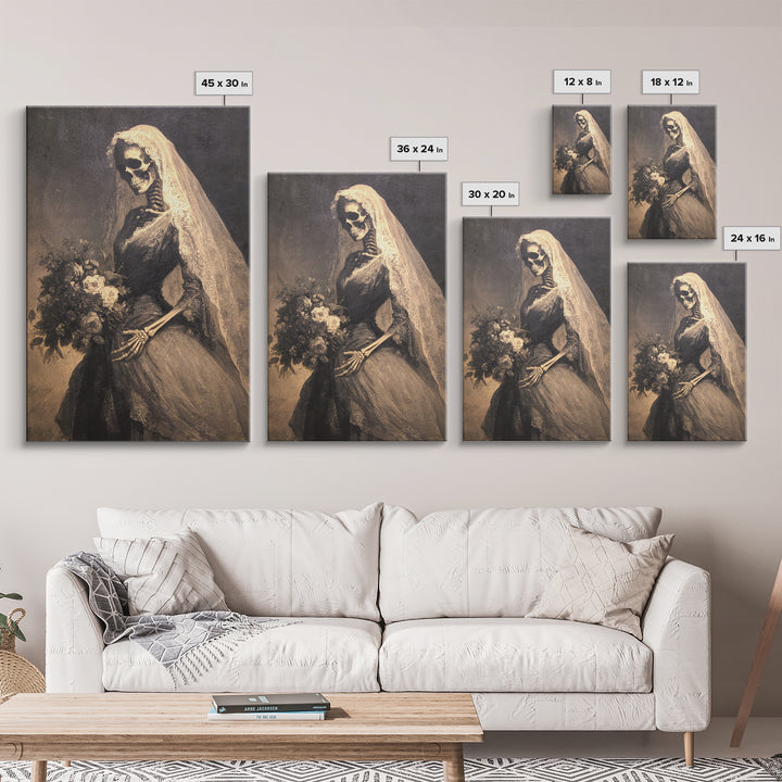 The Skeletal Bride, Symbolist Dream Art, Vertical Wall Art, Gothic Horror Wall Art, Framed Canvas Print, Halloween Wall Art