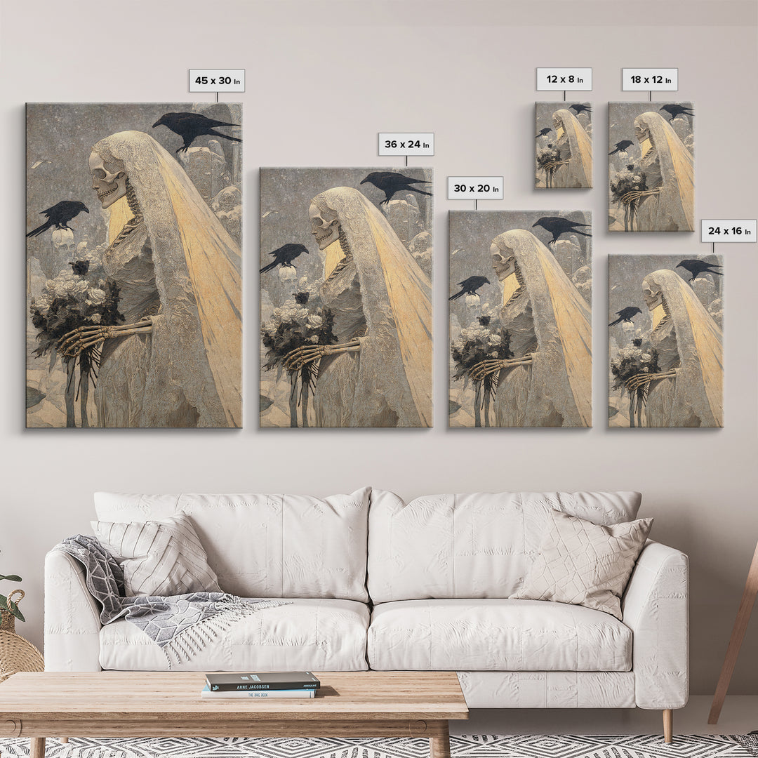 The Skeletal Bride, Symbolist Death Art, Vertical Wall Art, Macabre Wall Art, Framed Canvas Print, Halloween Wall Art