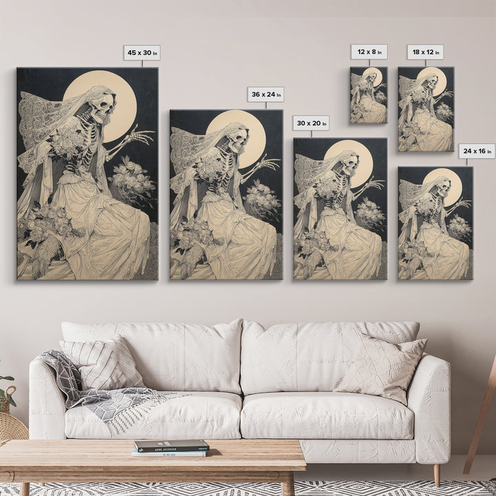 The Skeletal Bride, Symbolist Etching Art, Vertical Wall Art, Macabre Wall Art, Canvas Print, Halloween Wall Art, Statement Wall Art