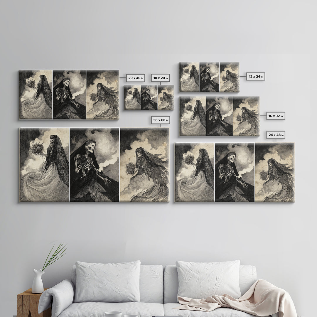 The Skeletal Bride, Expressionist Nightmare Art, Wide Panoramic Art, Dark Fantasy Wall Art, Framed Canvas Print, Halloween Wall Art