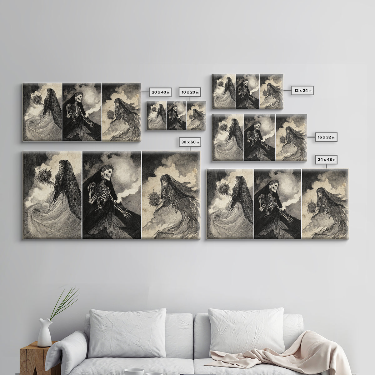 The Skeletal Bride, Expressionist Nightmare Art, Wide Panoramic Art, Dark Fantasy Wall Art, Framed Canvas Print, Halloween Wall Art