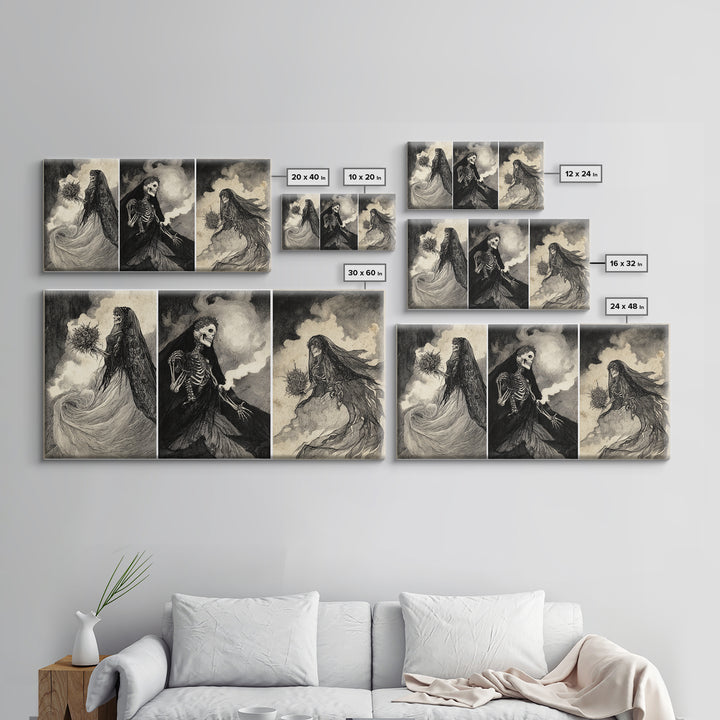 The Skeletal Bride, Expressionist Nightmare Art, Wide Panoramic Art, Dark Fantasy Wall Art, Framed Canvas Print, Halloween Wall Art