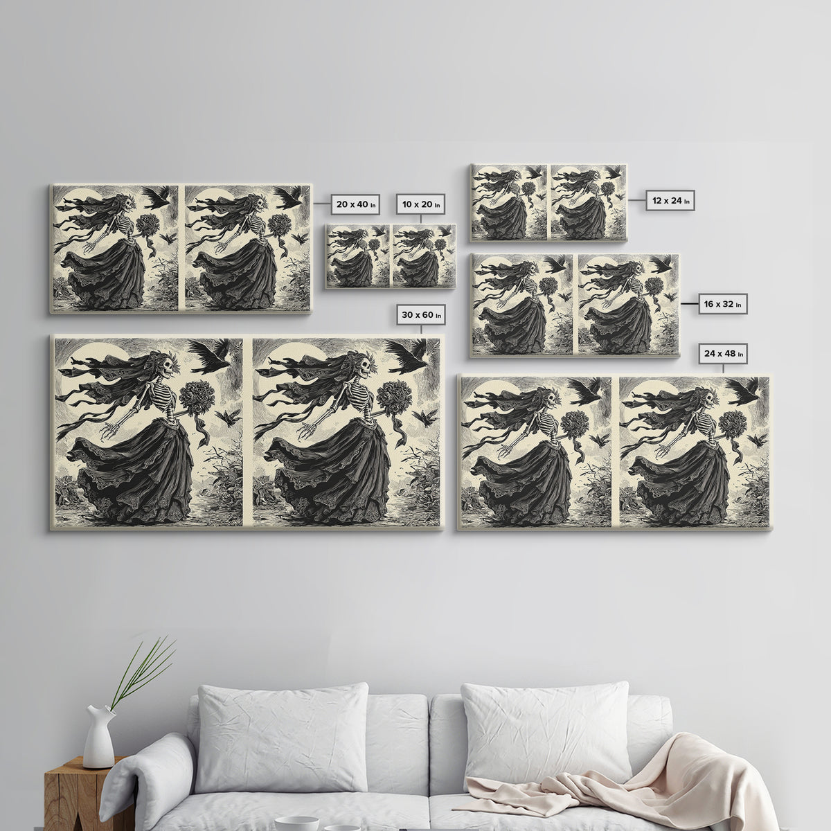 The Skeletal Bride, Macabre Folk Print Art, Wide Panoramic Art, Dark Halloween Decor, Framed Canvas Print, Halloween Wall Art