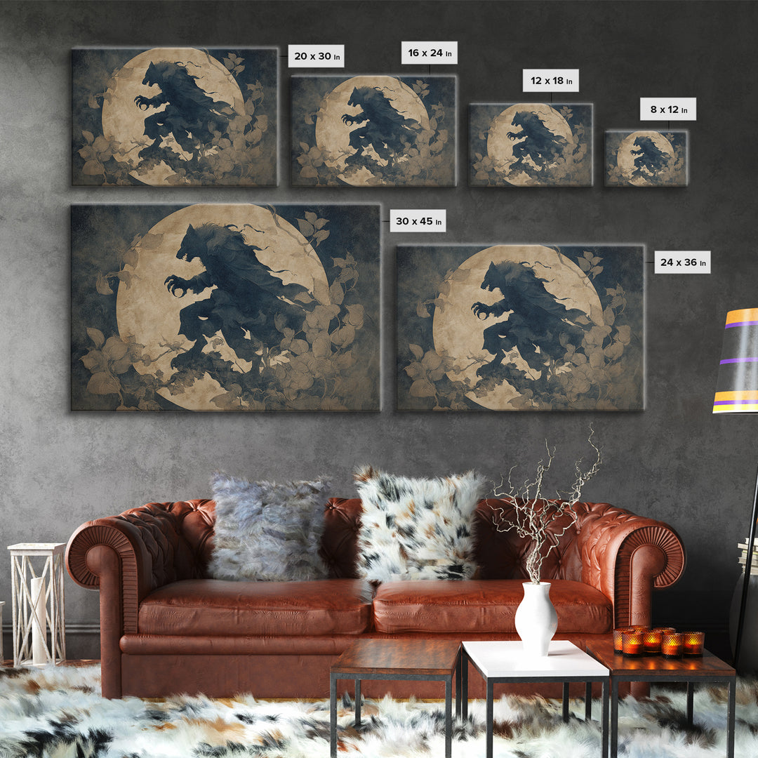 The Moon-Cursed Werewolf, Medieval Grotesque Art, Landscape Wall Art, Macabre Wall Art, Framed Canvas Print, Halloween Wall Art