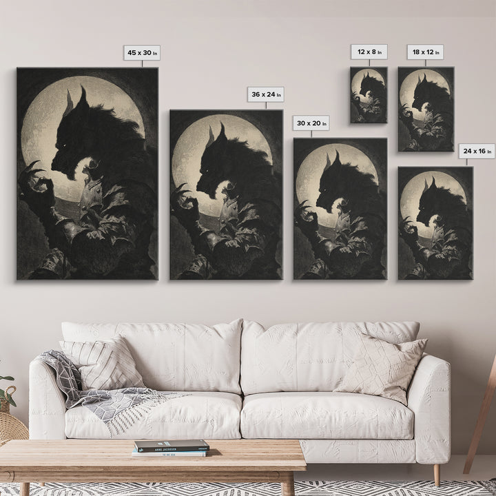 The Moon-Cursed Werewolf, Renaissance Engraving Art, Vertical Wall Art, Macabre Wall Art, Framed Canvas Print, Halloween Wall Art