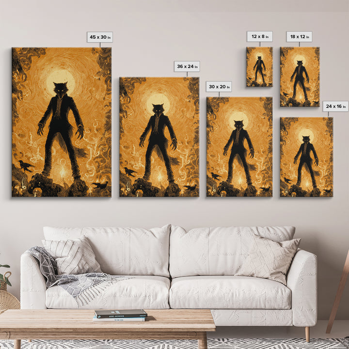 The Moon-Cursed Werewolf, Visionary Gothic Art, Vertical Wall Art, Dark Halloween Decor, Framed Canvas Print, Halloween Wall Art
