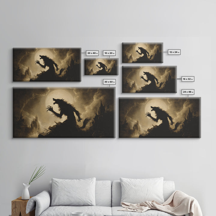 The Moon-Cursed Werewolf, Apocalyptic Romantic Art, Wide Panoramic Art, Gothic Horror Wall Art, Canvas Print, Halloween Wall Art
