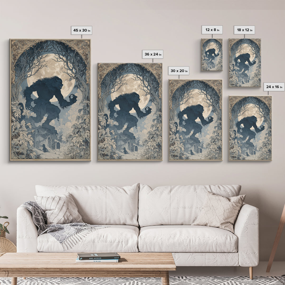 The Moon-Cursed Werewolf, Symbolist Death Art, Vertical Wall Art, Macabre Wall Art, Framed Canvas Print, Halloween Wall Art