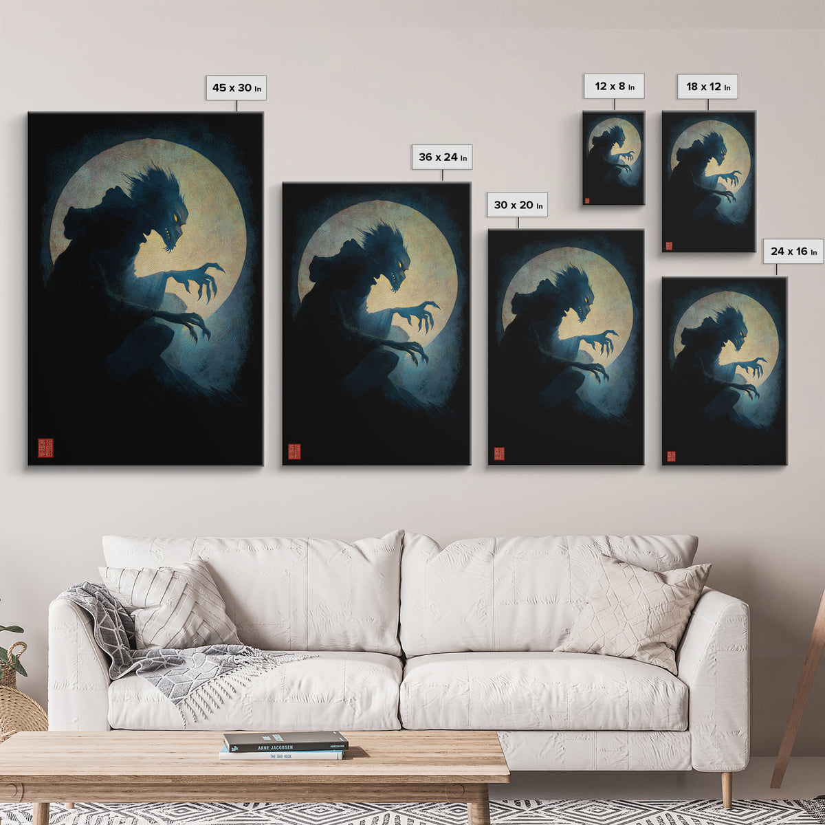 The Moon-Cursed Werewolf, Expressionist Gothic Art, Vertical Wall Art, Dark Halloween Decor, Canvas Print, Halloween Wall Art