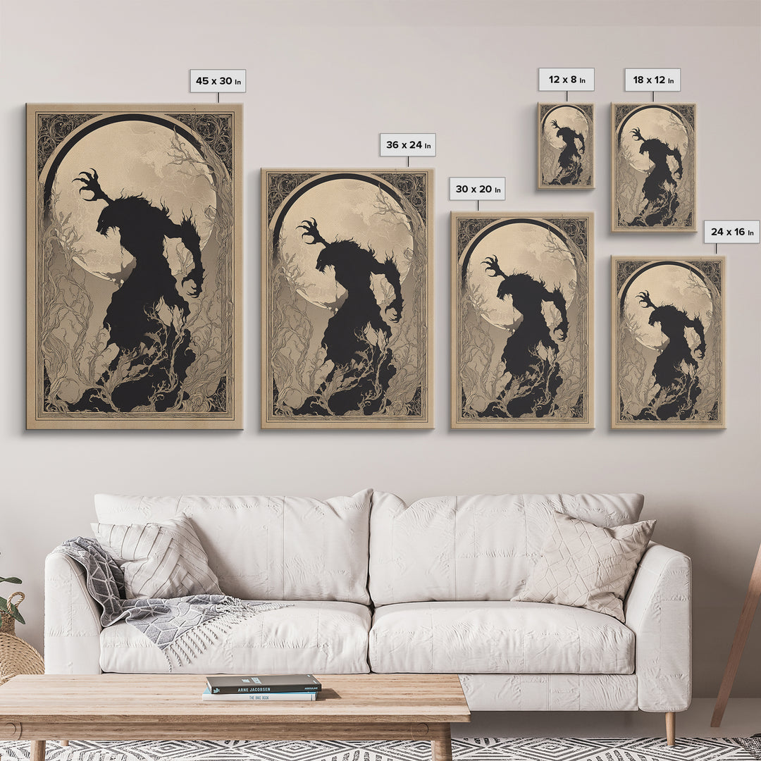 The Moon-Cursed Werewolf, Decadent Line Art, Vertical Wall Art, Dark Fantasy Wall Art, Framed Canvas Print, Halloween Wall Art