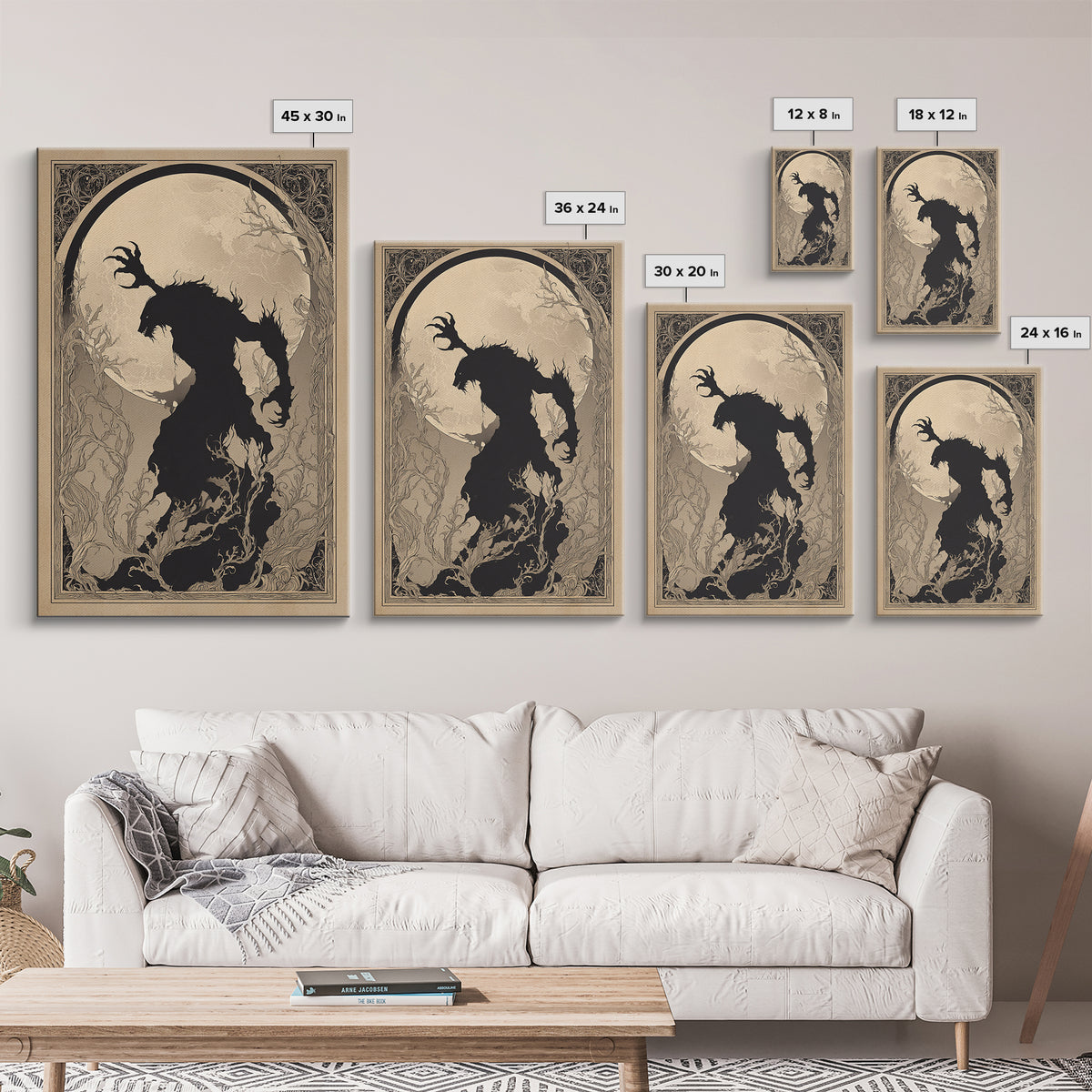 The Moon-Cursed Werewolf, Decadent Line Art, Vertical Wall Art, Dark Fantasy Wall Art, Framed Canvas Print, Halloween Wall Art