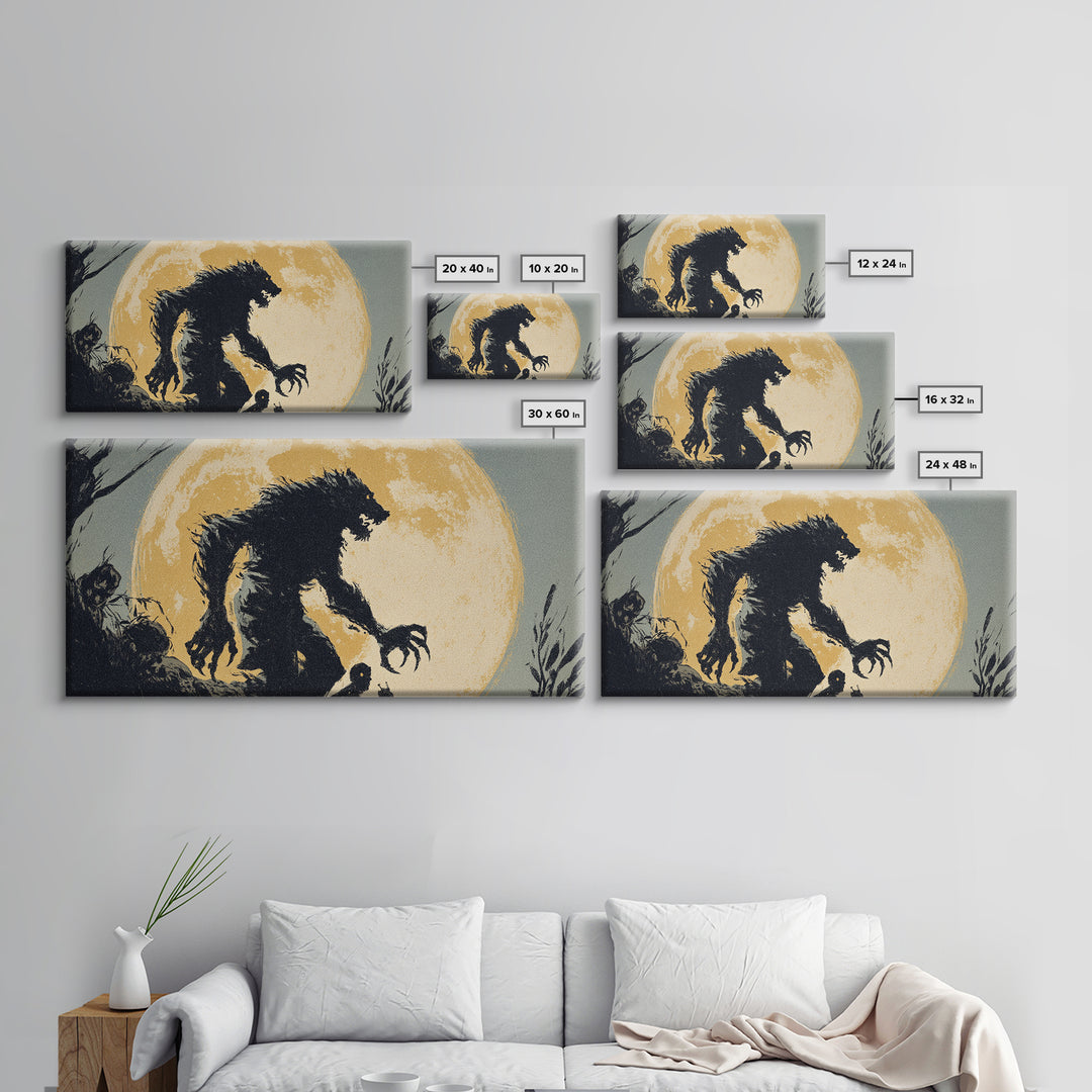 The Moon-Cursed Werewolf, Macabre Folk Print Art, Wide Panoramic Art, Dark Fantasy Wall Art, Framed Canvas Print