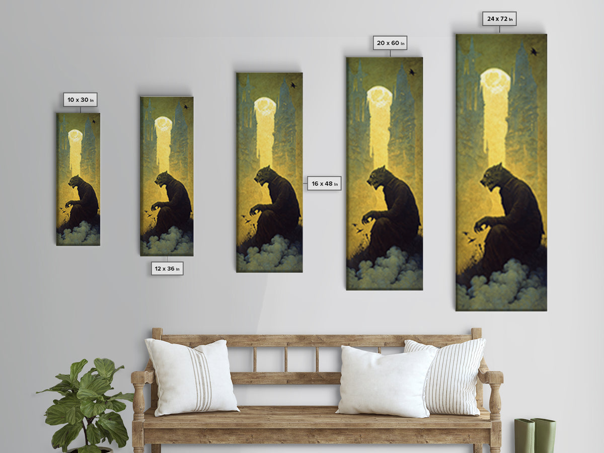 The Moon-Cursed Werewolf, Surreal Apocalyptic Art, Tall Narrow Wall Art, Macabre Wall Art, Canvas Print, Halloween Wall Art