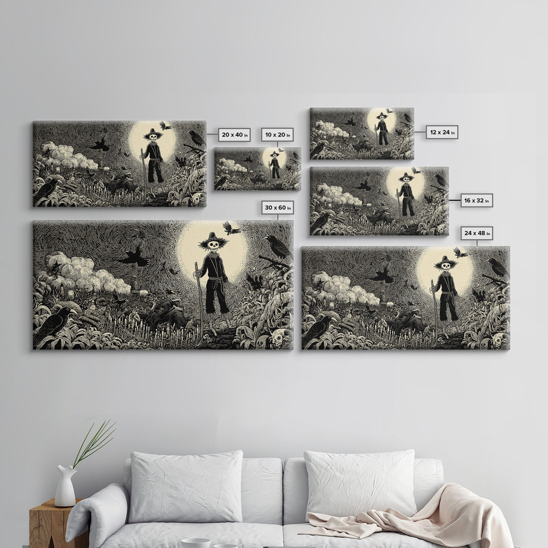The Living Scarecrow, Macabre Folk Print Art, Wide Panoramic Art, Macabre Wall Art, Canvas Print, Halloween Wall Art