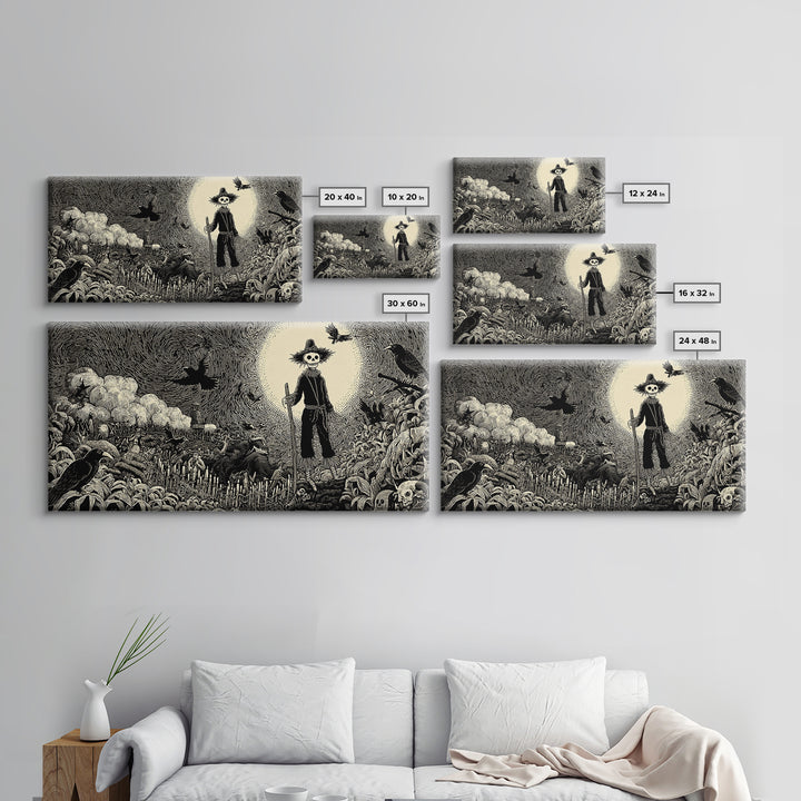 The Living Scarecrow, Macabre Folk Print Art, Wide Panoramic Art, Macabre Wall Art, Canvas Print, Halloween Wall Art
