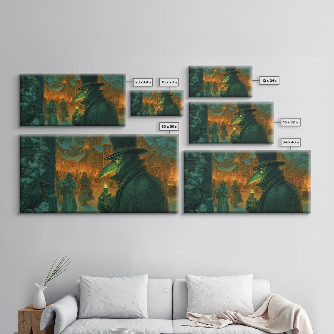 The Plague Doctor, Northern Renaissance Horror, Wide Panoramic Art, Dark Halloween Decor, Canvas Print, Halloween Wall Art