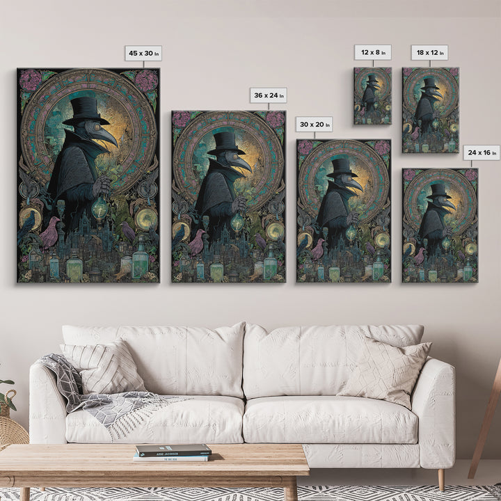 The Plague Doctor, Stained Glass Gothic Art, Vertical Wall Art, Gothic Horror Wall Art, Framed Canvas Print, Halloween Wall Art