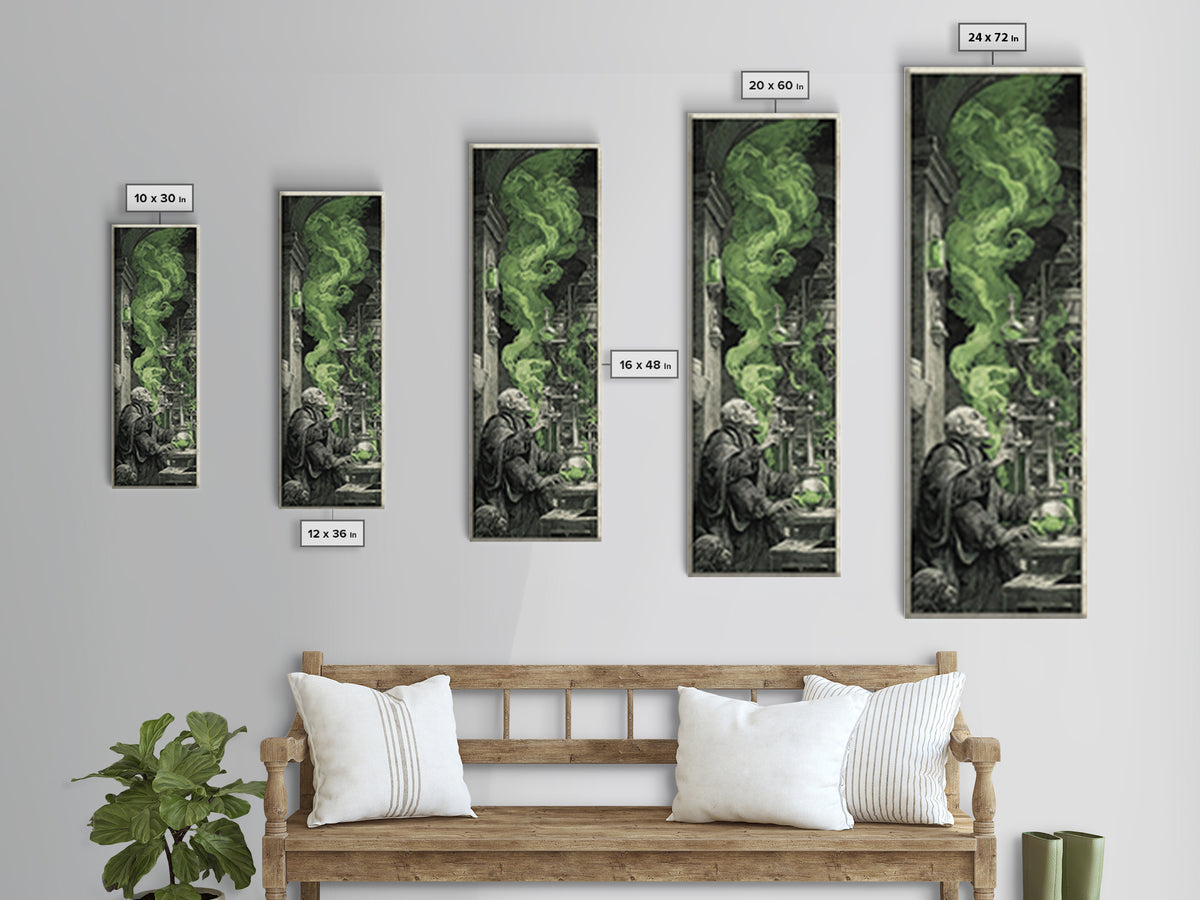 The Mad Alchemist, Architectural Etching Art, Tall Narrow Wall Art, Dark Halloween Decor, Framed Canvas Print