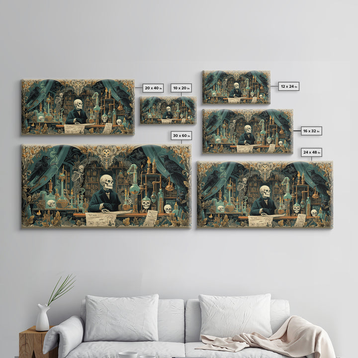 The Mad Alchemist, Macabre Folk Print Art, Wide Panoramic Art, Dark Halloween Decor, Framed Canvas Print, Halloween Wall Art