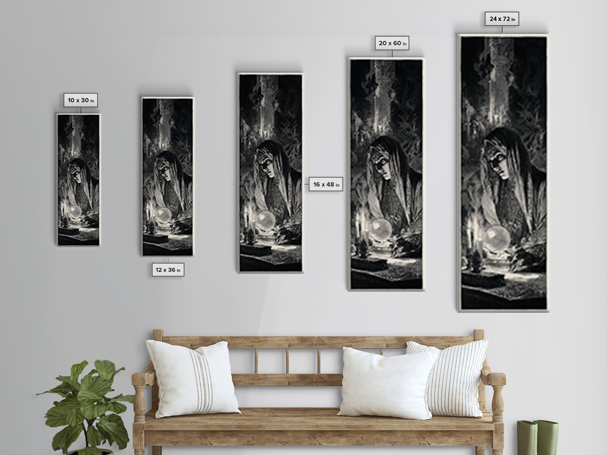The Midnight Fortune Teller, Gothic Engraving Art, Tall Narrow Wall Art, Dark Halloween Decor, Framed Canvas Print, Halloween Wall Art