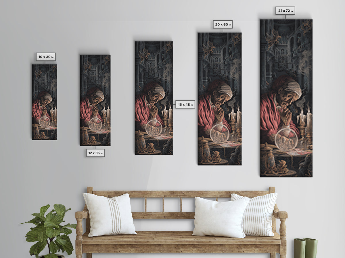 The Midnight Fortune Teller, Architectural Etching Art, Tall Narrow Wall Art, Dark Halloween Decor, Framed Canvas Print