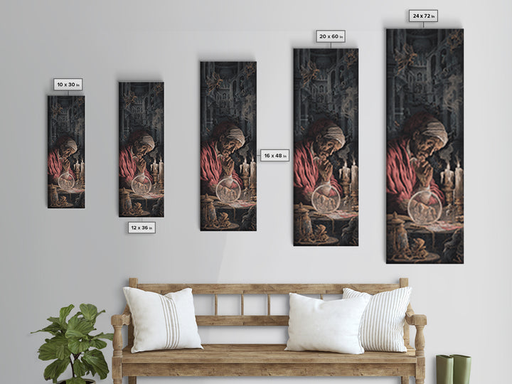 The Midnight Fortune Teller, Architectural Etching Art, Tall Narrow Wall Art, Dark Halloween Decor, Framed Canvas Print