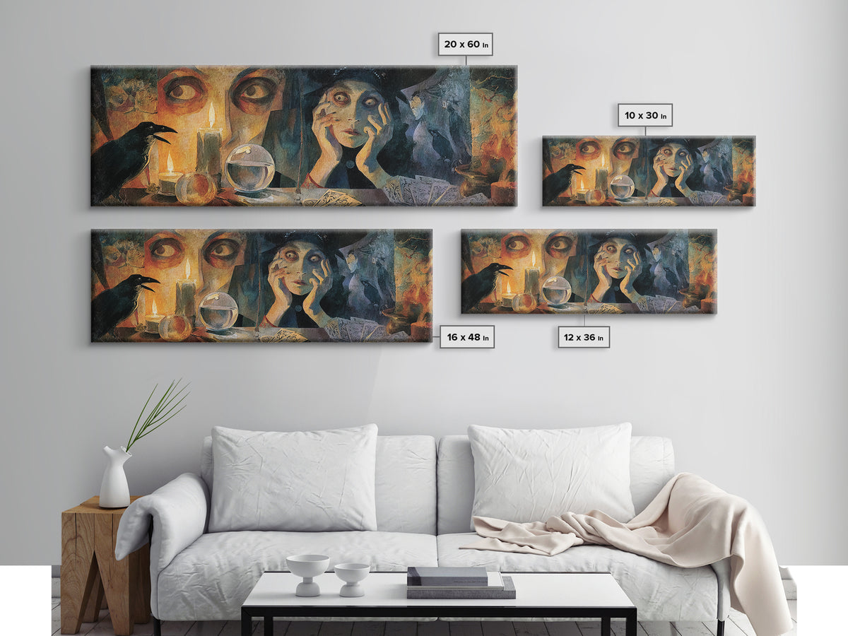 The Midnight Fortune Teller, Expressionist Gothic Art, Extra Wide Wall Art, Macabre Wall Art, Canvas Print, Halloween Wall Art