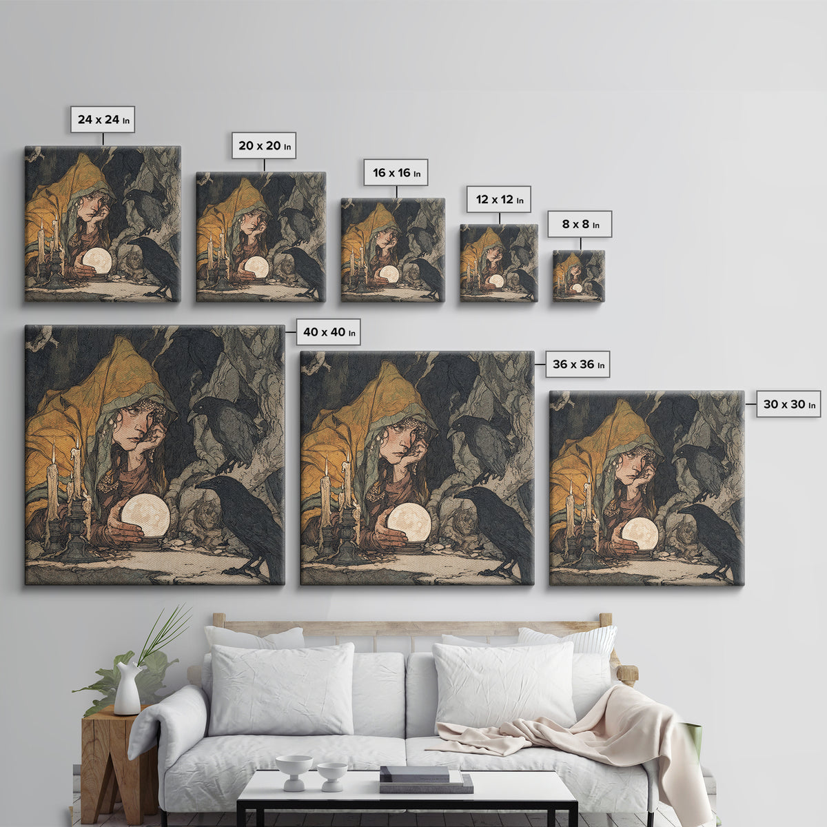 The Midnight Fortune Teller, Gothic Storybook Art, Square Wall Art, Dark Fantasy Wall Art, Framed Canvas Print, Halloween Wall Art