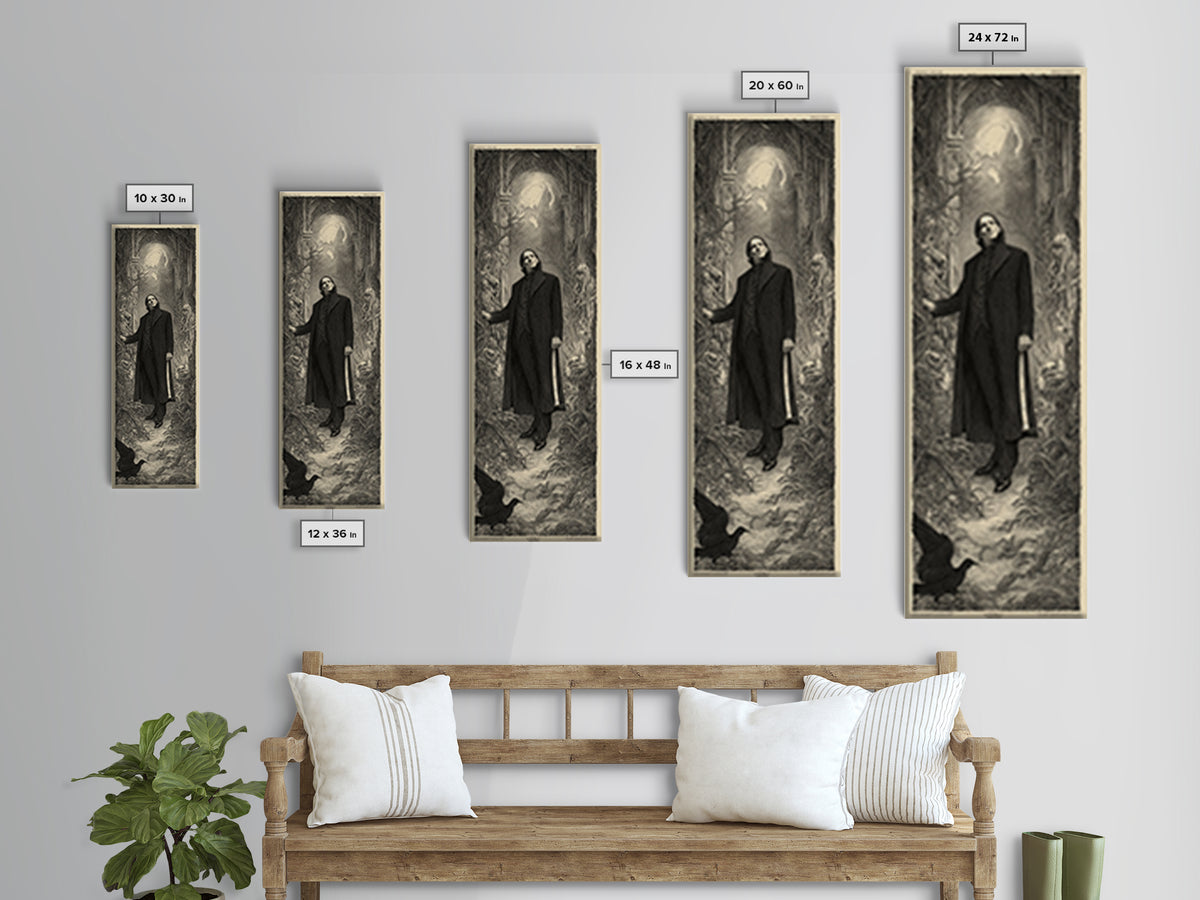 The Sinister Undertaker, Gothic Engraving Art, Tall Narrow Wall Art, Dark Fantasy Wall Art, Framed Canvas Print, Halloween Wall Art