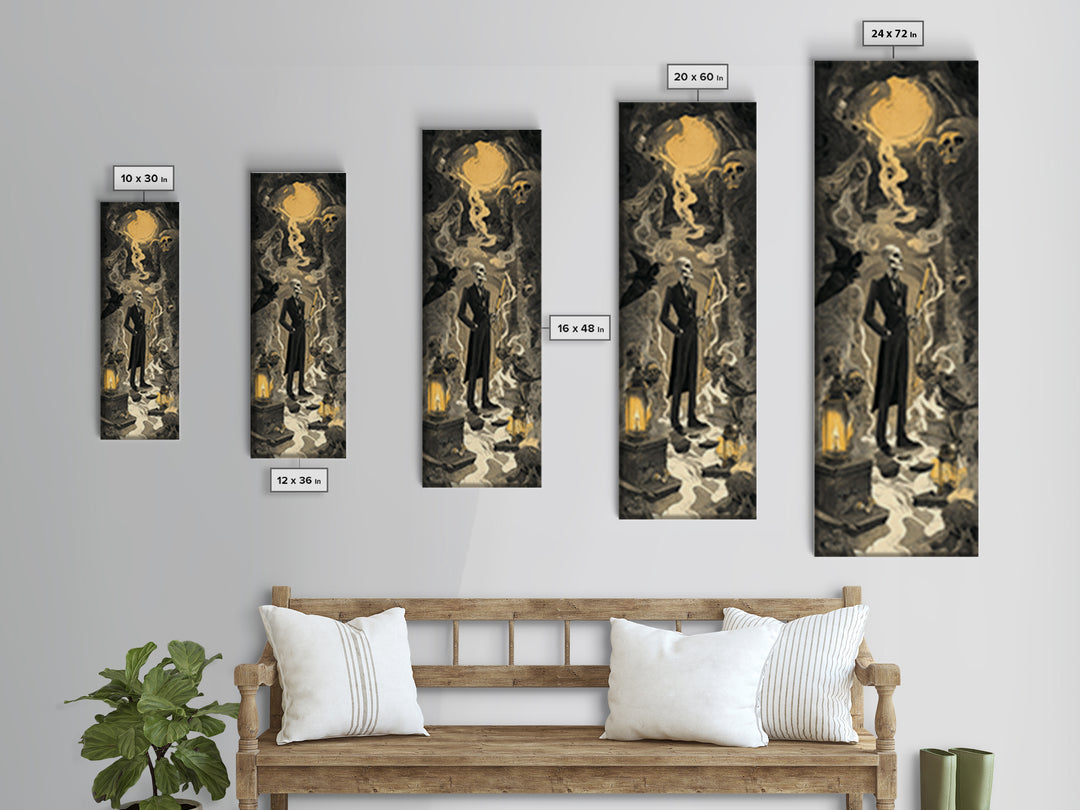 The Sinister Undertaker, Architectural Etching Art, Tall Narrow Wall Art, Dark Halloween Decor, Canvas Print, Dark Fantasy Art