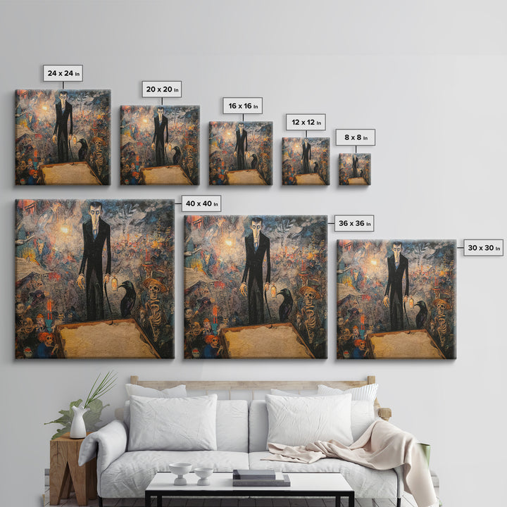 The Sinister Undertaker, Grotesque Carnival Art, Square Wall Art, Macabre Wall Art, Framed Canvas Print, Halloween Wall Art
