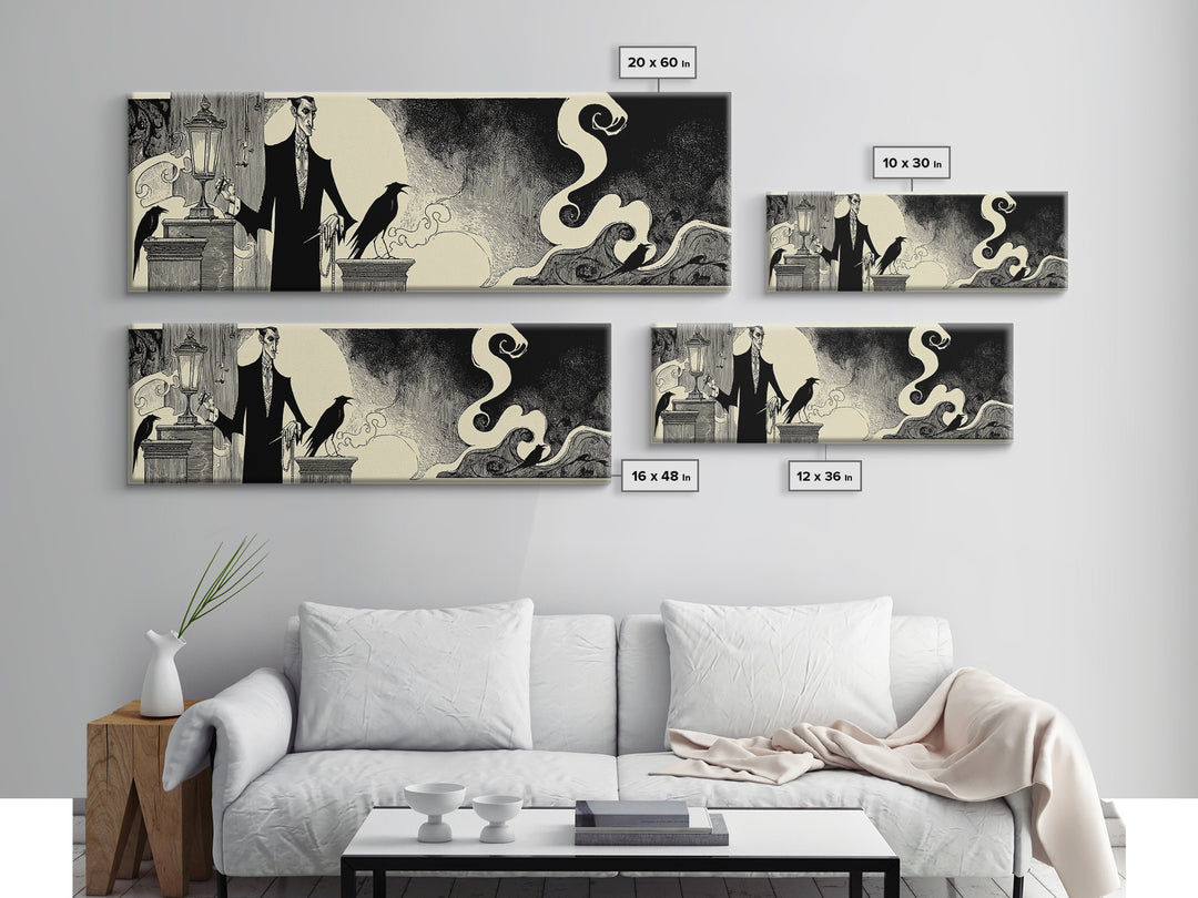 The Sinister Undertaker, Decadent Line Art, Extra Wide Wall Art, Dark Halloween Decor, Canvas Print, Halloween Wall Art