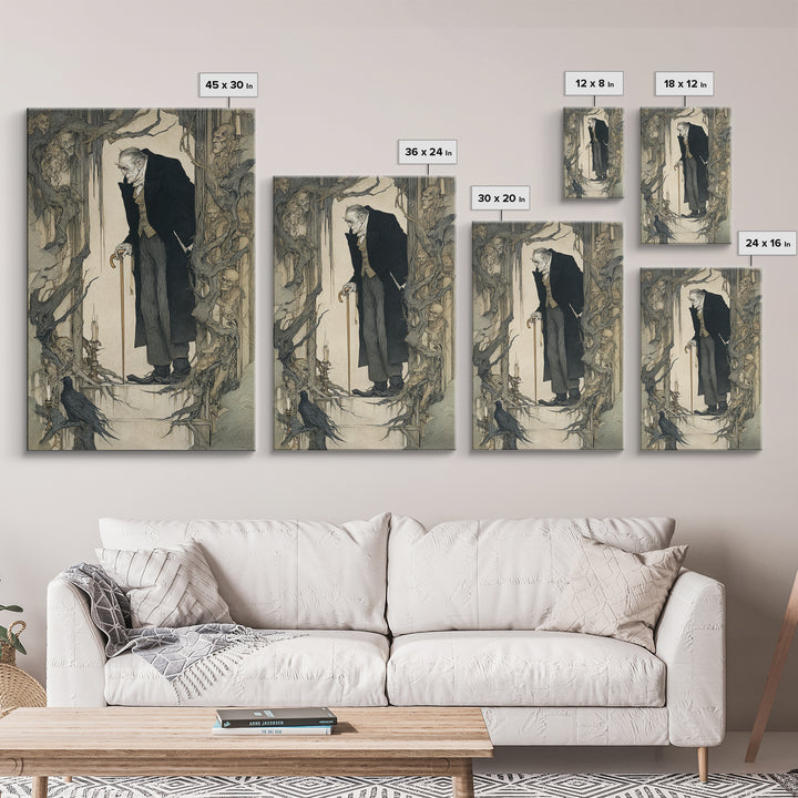 The Sinister Undertaker, Gothic Storybook Art, Vertical Wall Art, Gothic Horror Wall Art, Framed Canvas Print, Halloween Wall Art