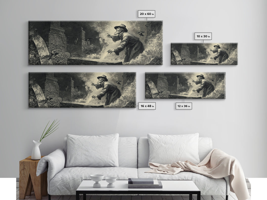 The Lantern Gravedigger, Gothic Engraving Art, Extra Wide Wall Art, Dark Fantasy Wall Art, Canvas Print, Halloween Wall Art