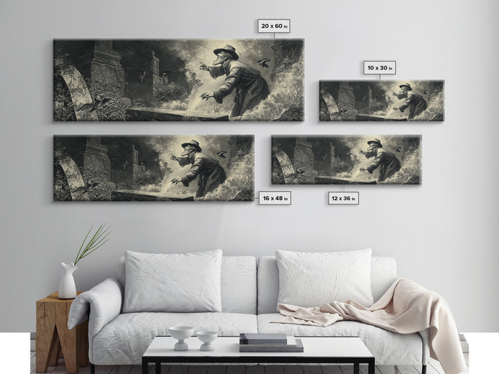 The Lantern Gravedigger, Gothic Engraving Art, Extra Wide Wall Art, Dark Fantasy Wall Art, Canvas Print, Halloween Wall Art