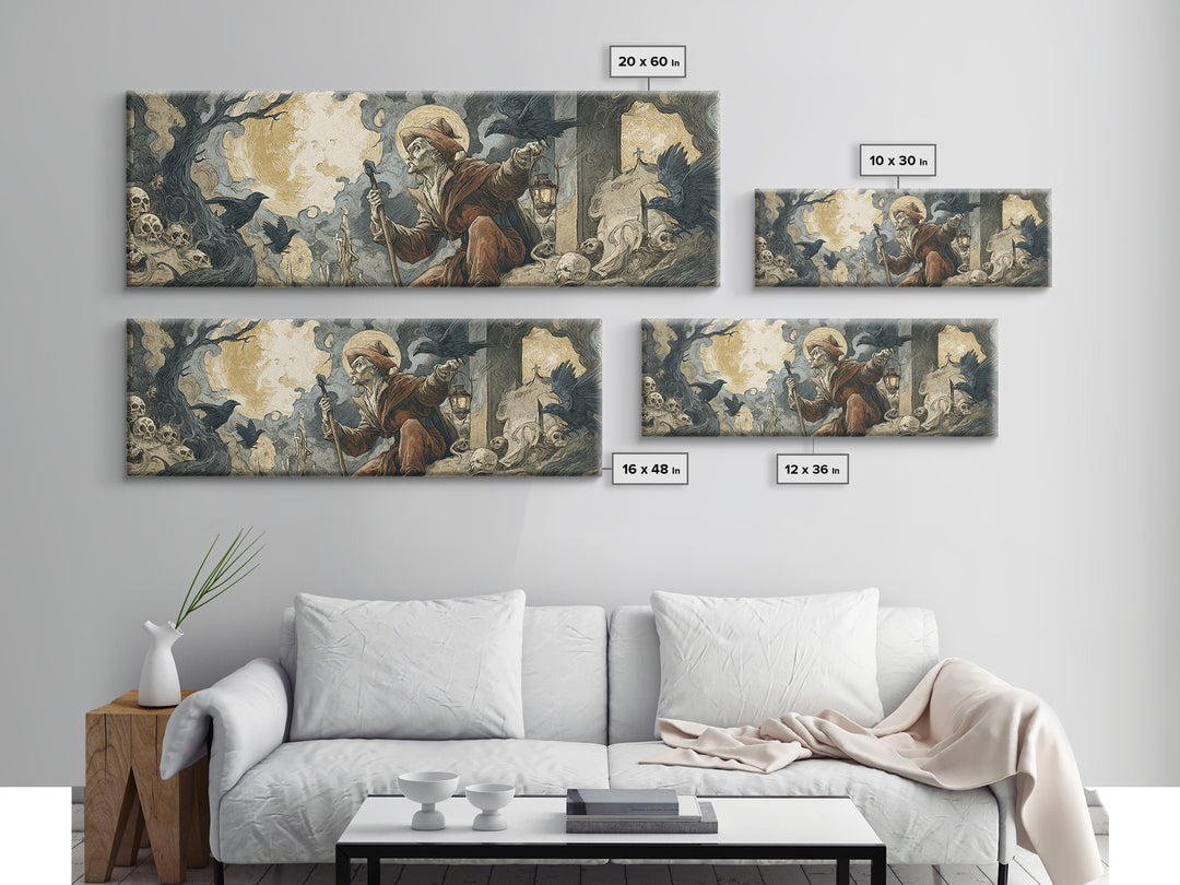The Lantern Gravedigger, Dark Renaissance Art, Extra Wide Wall Art, Macabre Wall Art, Framed Canvas Print, Halloween Wall Art