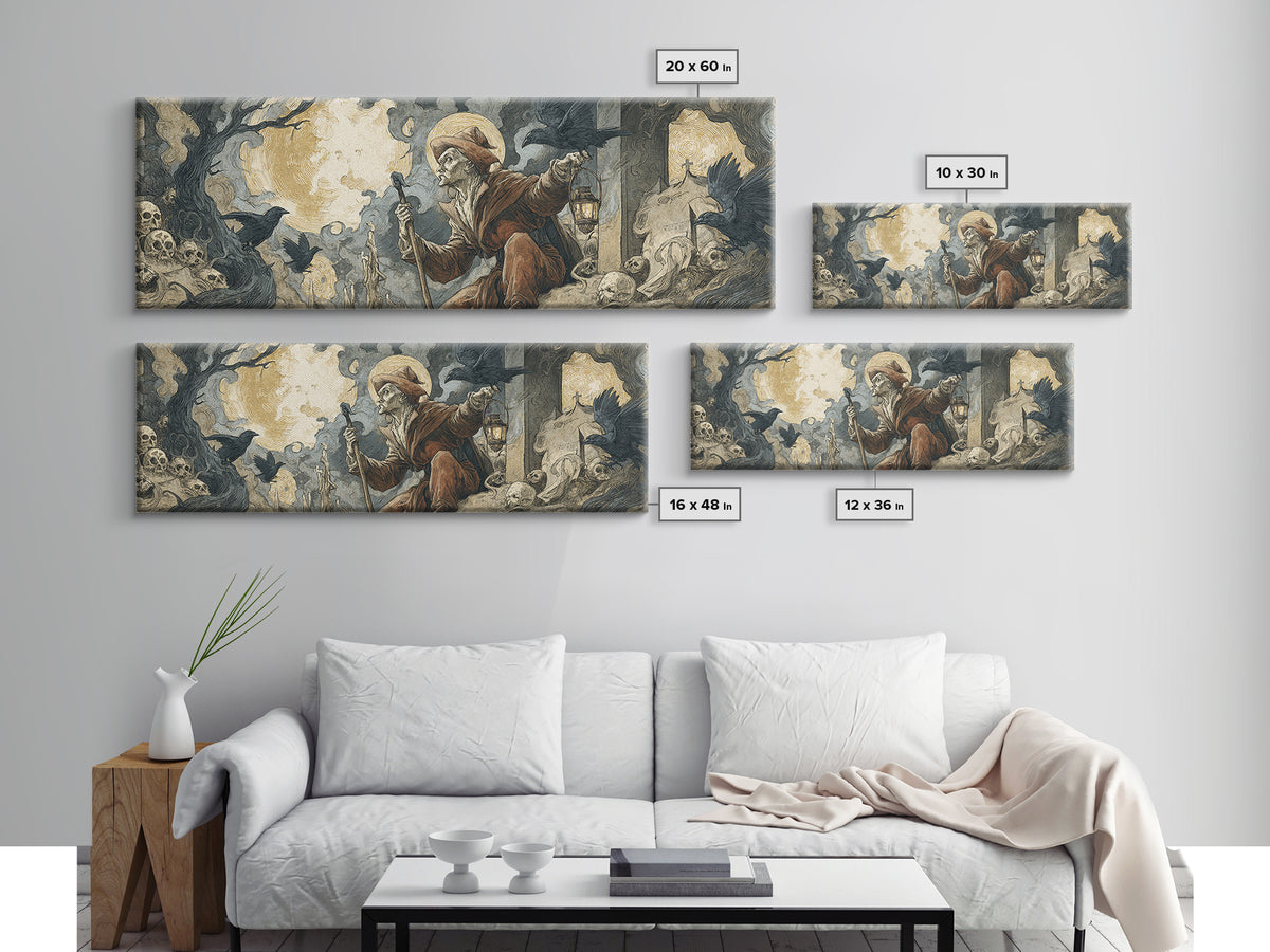 The Lantern Gravedigger, Dark Renaissance Art, Extra Wide Wall Art, Macabre Wall Art, Framed Canvas Print, Halloween Wall Art