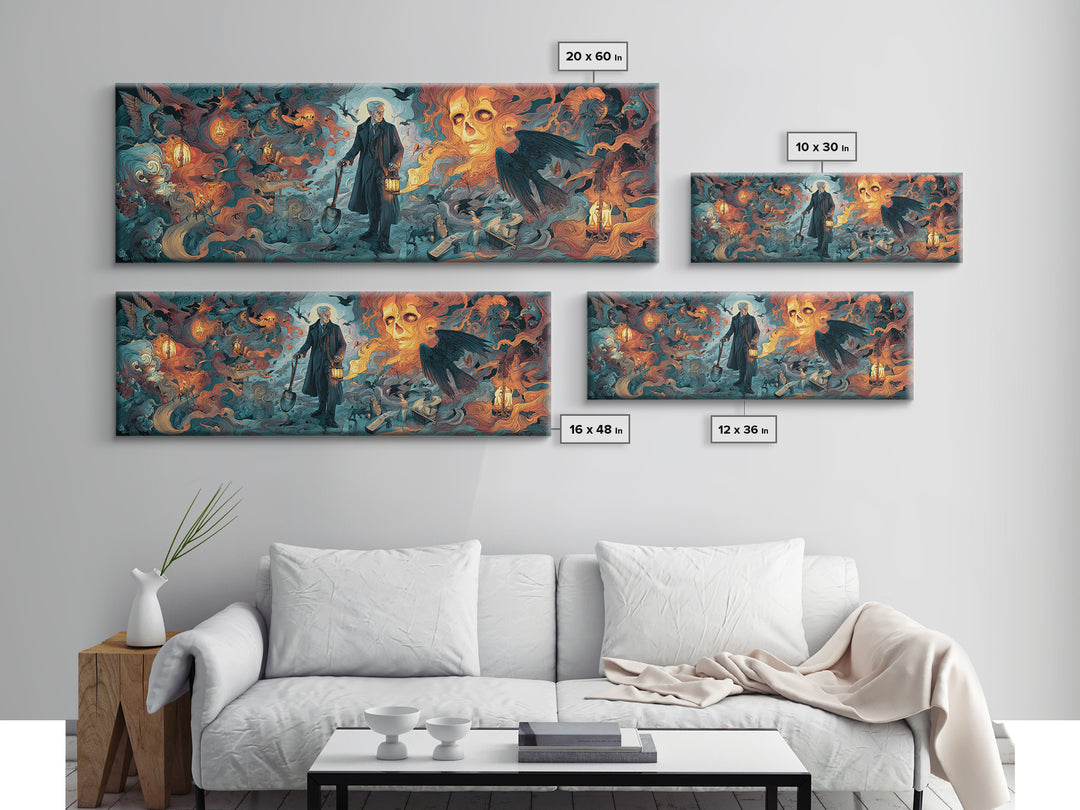 The Lantern Gravedigger, Visionary Gothic Art, Extra Wide Wall Art, Gothic Horror Wall Art, Framed Canvas Print, Halloween Wall Art