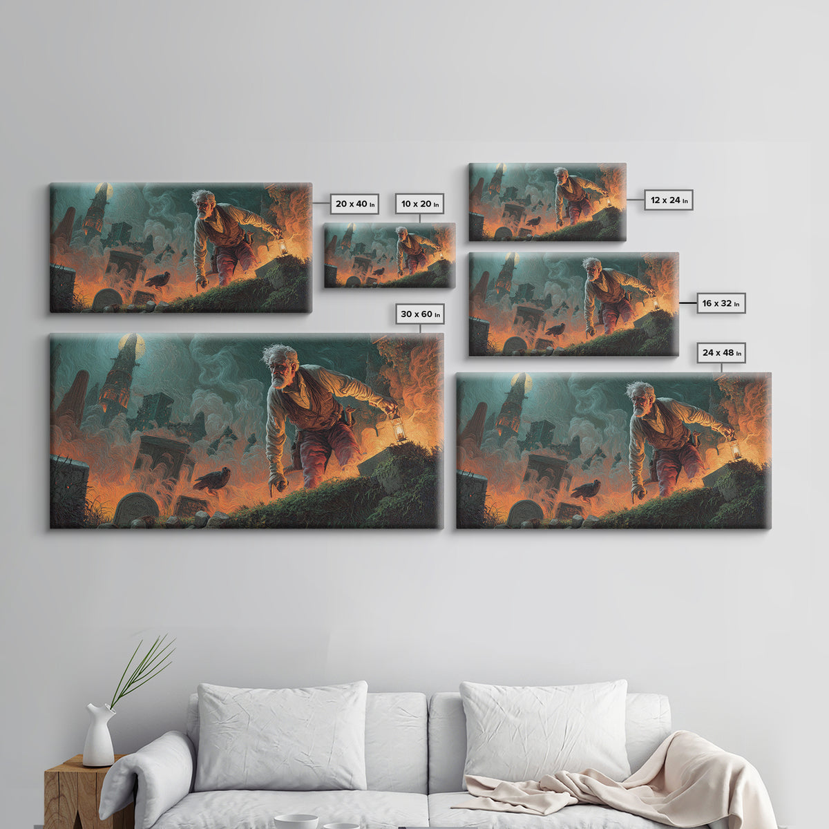 The Lantern Gravedigger, Apocalyptic Romantic Art, Wide Panoramic Art, Gothic Horror Wall Art, Canvas Print, Halloween Wall Art
