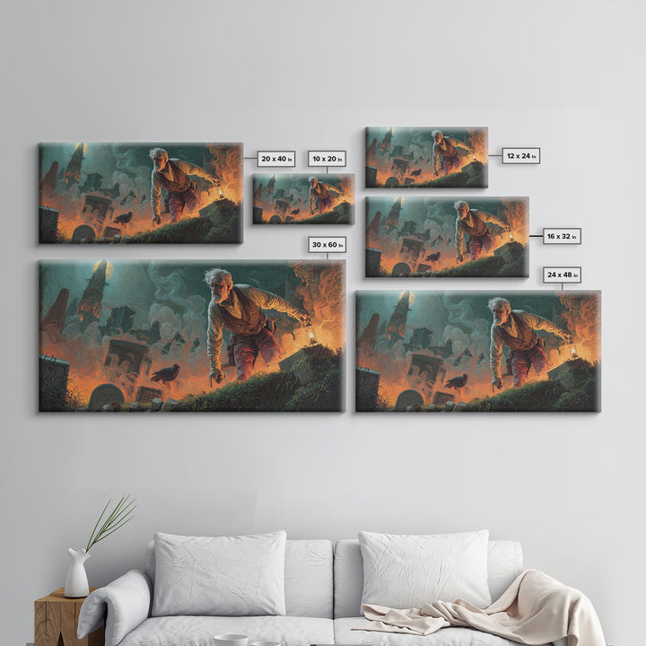 The Lantern Gravedigger, Apocalyptic Romantic Art, Wide Panoramic Art, Gothic Horror Wall Art, Canvas Print, Halloween Wall Art