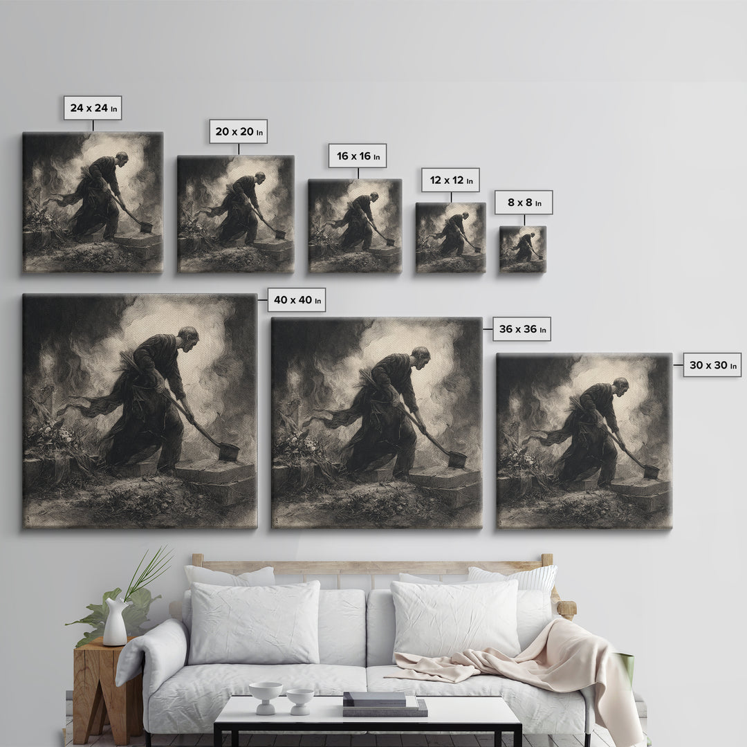 The Lantern Gravedigger, Symbolist Dream Art, Square Wall Art, Macabre Wall Art, Canvas Print, Halloween Wall Art, Seasonal Home Decor