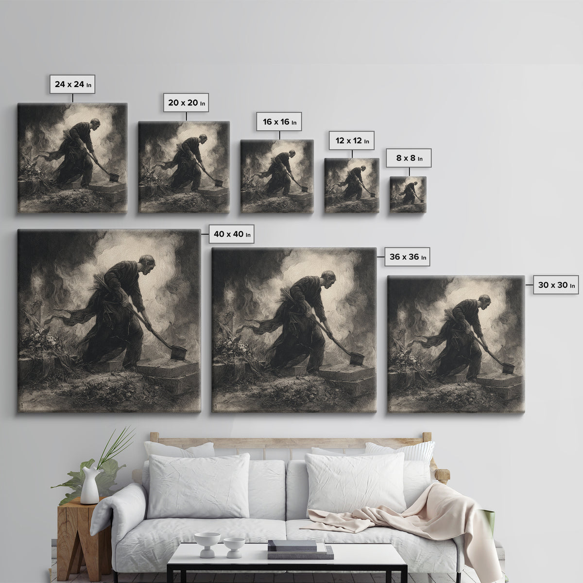 The Lantern Gravedigger, Symbolist Dream Art, Square Wall Art, Macabre Wall Art, Canvas Print, Halloween Wall Art, Seasonal Home Decor