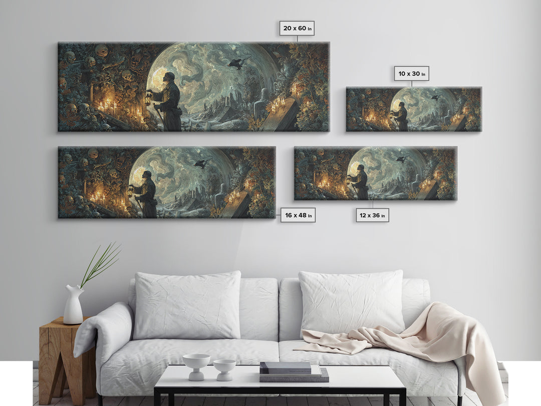 The Lantern Gravedigger, Ornate Symbolist Art, Extra Wide Wall Art, Gothic Horror Wall Art, Framed Canvas Print, Halloween Wall Art