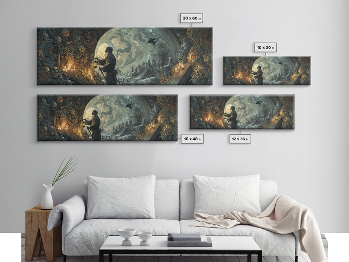 The Lantern Gravedigger, Ornate Symbolist Art, Extra Wide Wall Art, Gothic Horror Wall Art, Framed Canvas Print, Halloween Wall Art
