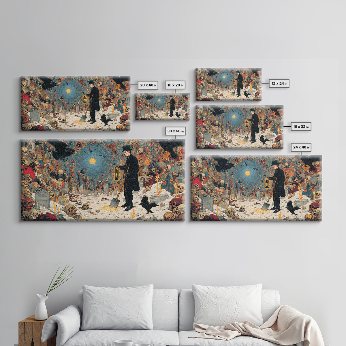 The Lantern Gravedigger, Grotesque Carnival Art, Wide Panoramic Art, Dark Fantasy Wall Art, Canvas Print, Halloween Wall Art