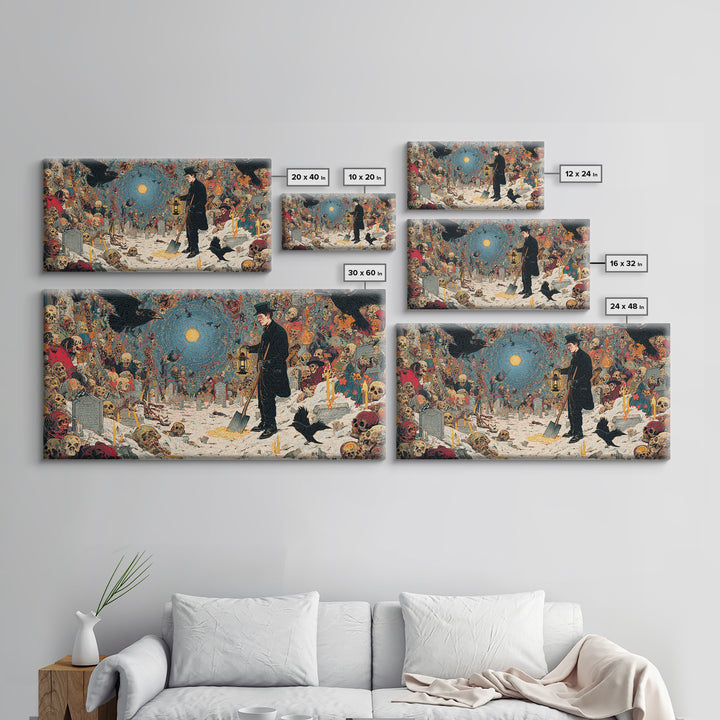 The Lantern Gravedigger, Grotesque Carnival Art, Wide Panoramic Art, Dark Fantasy Wall Art, Canvas Print, Halloween Wall Art